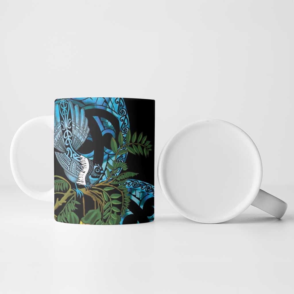 Turquoise New Zealand Kowhai And Piwakawaka Ceramic Mug Maori Ngaru Paua Shell LT14 - Polynesian Pride
