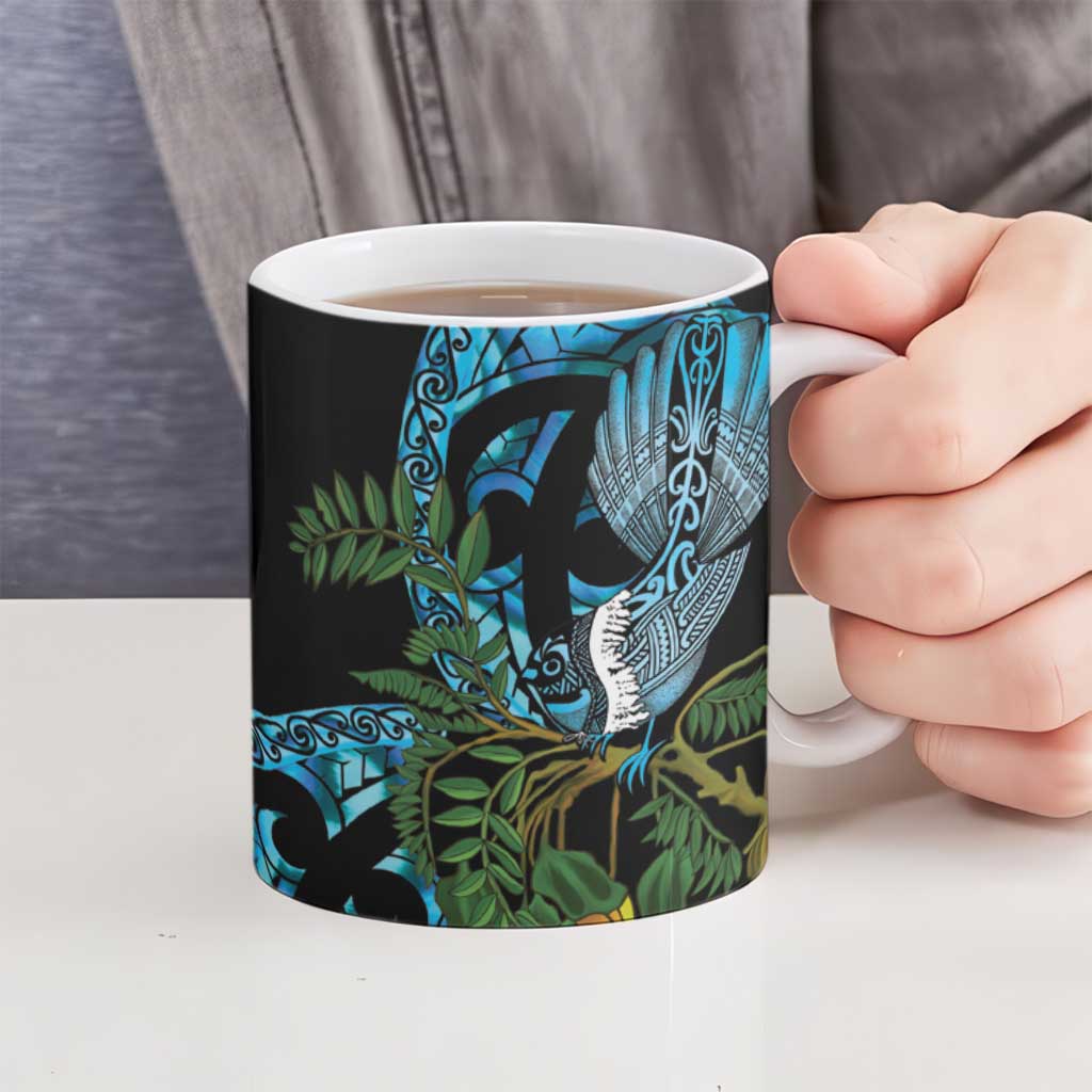 Turquoise New Zealand Kowhai And Piwakawaka Ceramic Mug Maori Ngaru Paua Shell LT14 - Polynesian Pride
