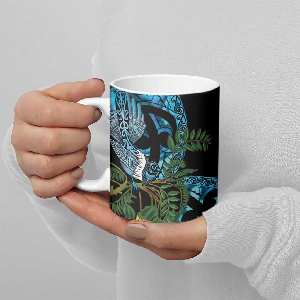 Turquoise New Zealand Kowhai And Piwakawaka Ceramic Mug Maori Ngaru Paua Shell LT14 - Polynesian Pride