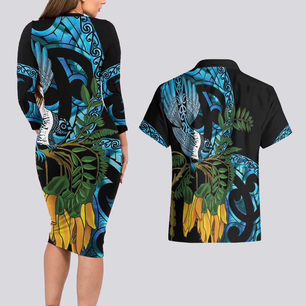 Turquoise New Zealand Kowhai And Piwakawaka Couples Matching Long Sleeve Bodycon Dress and Hawaiian Shirt Maori Ngaru Paua Shell LT14 - Polynesian Pride