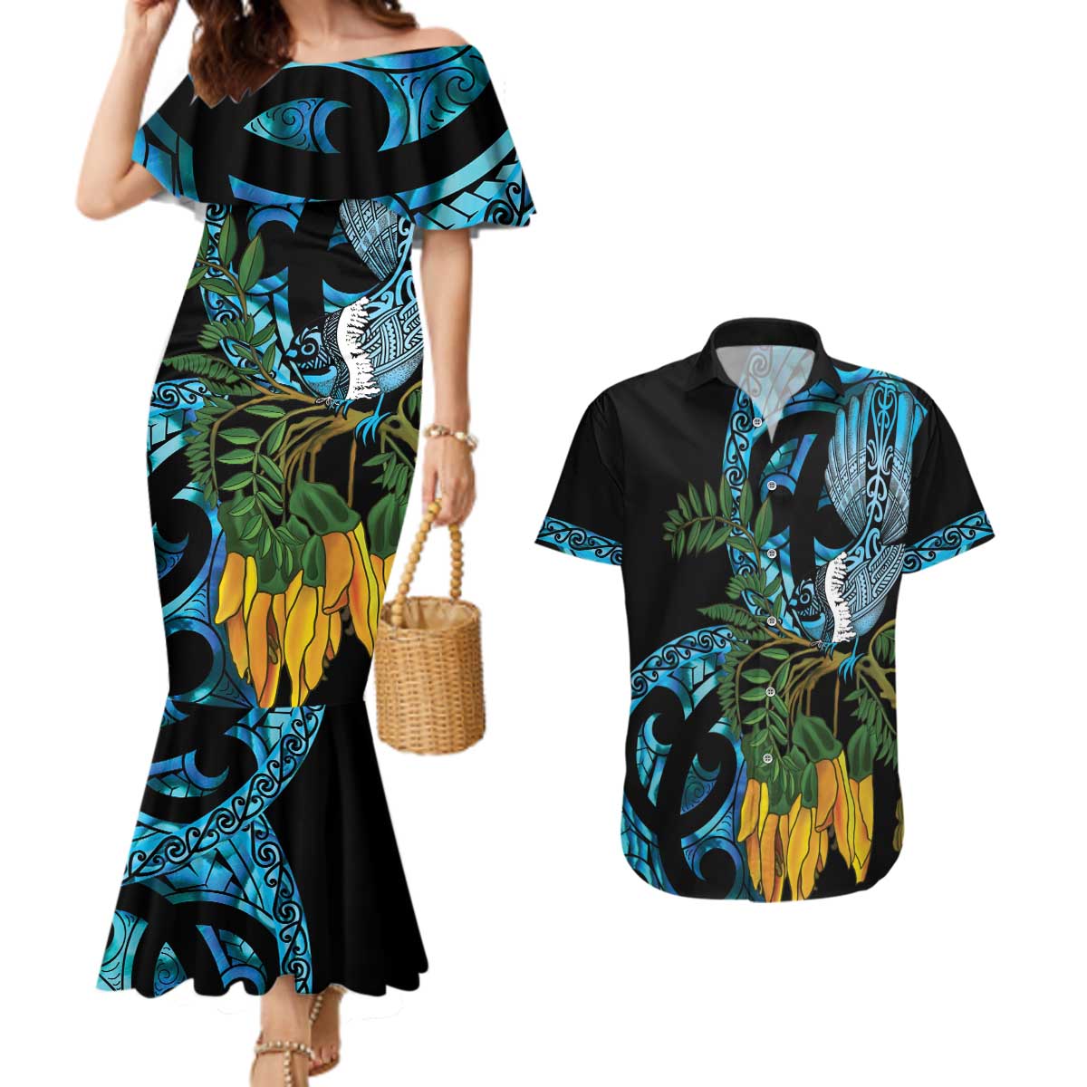 Turquoise New Zealand Kowhai And Piwakawaka Couples Matching Mermaid Dress and Hawaiian Shirt Maori Ngaru Paua Shell LT14 Turquoise - Polynesian Pride