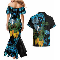 Turquoise New Zealand Kowhai And Piwakawaka Couples Matching Mermaid Dress and Hawaiian Shirt Maori Ngaru Paua Shell LT14 - Polynesian Pride