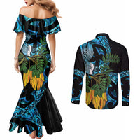 Turquoise New Zealand Kowhai And Piwakawaka Couples Matching Mermaid Dress and Long Sleeve Button Shirt Maori Ngaru Paua Shell LT14 - Polynesian Pride