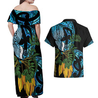 Turquoise New Zealand Kowhai And Piwakawaka Couples Matching Off Shoulder Maxi Dress and Hawaiian Shirt Maori Ngaru Paua Shell LT14 - Polynesian Pride