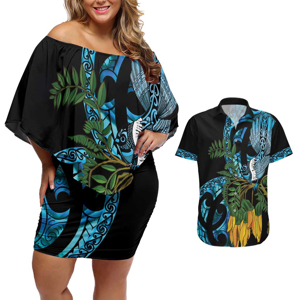 Turquoise New Zealand Kowhai And Piwakawaka Couples Matching Off Shoulder Short Dress and Hawaiian Shirt Maori Ngaru Paua Shell LT14 Turquoise - Polynesian Pride