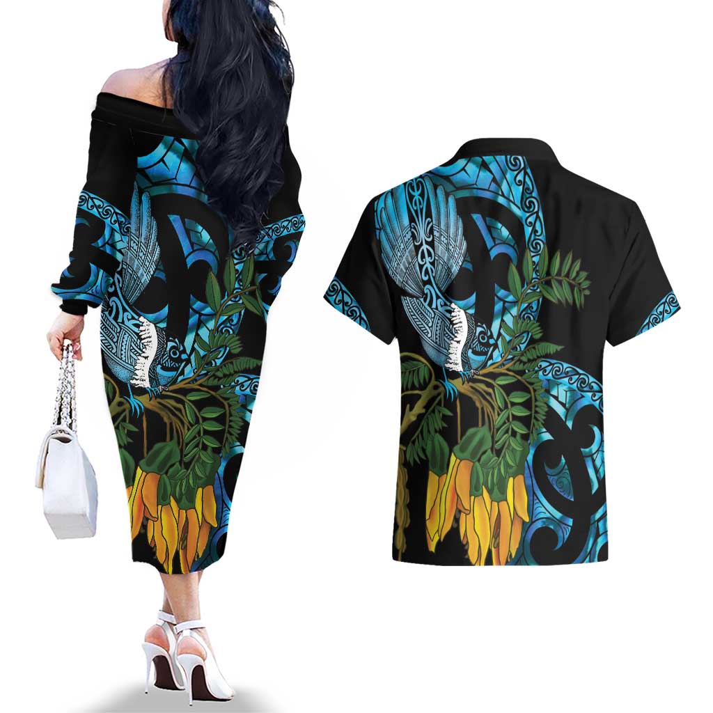 Turquoise New Zealand Kowhai And Piwakawaka Couples Matching Off The Shoulder Long Sleeve Dress and Hawaiian Shirt Maori Ngaru Paua Shell LT14 - Polynesian Pride
