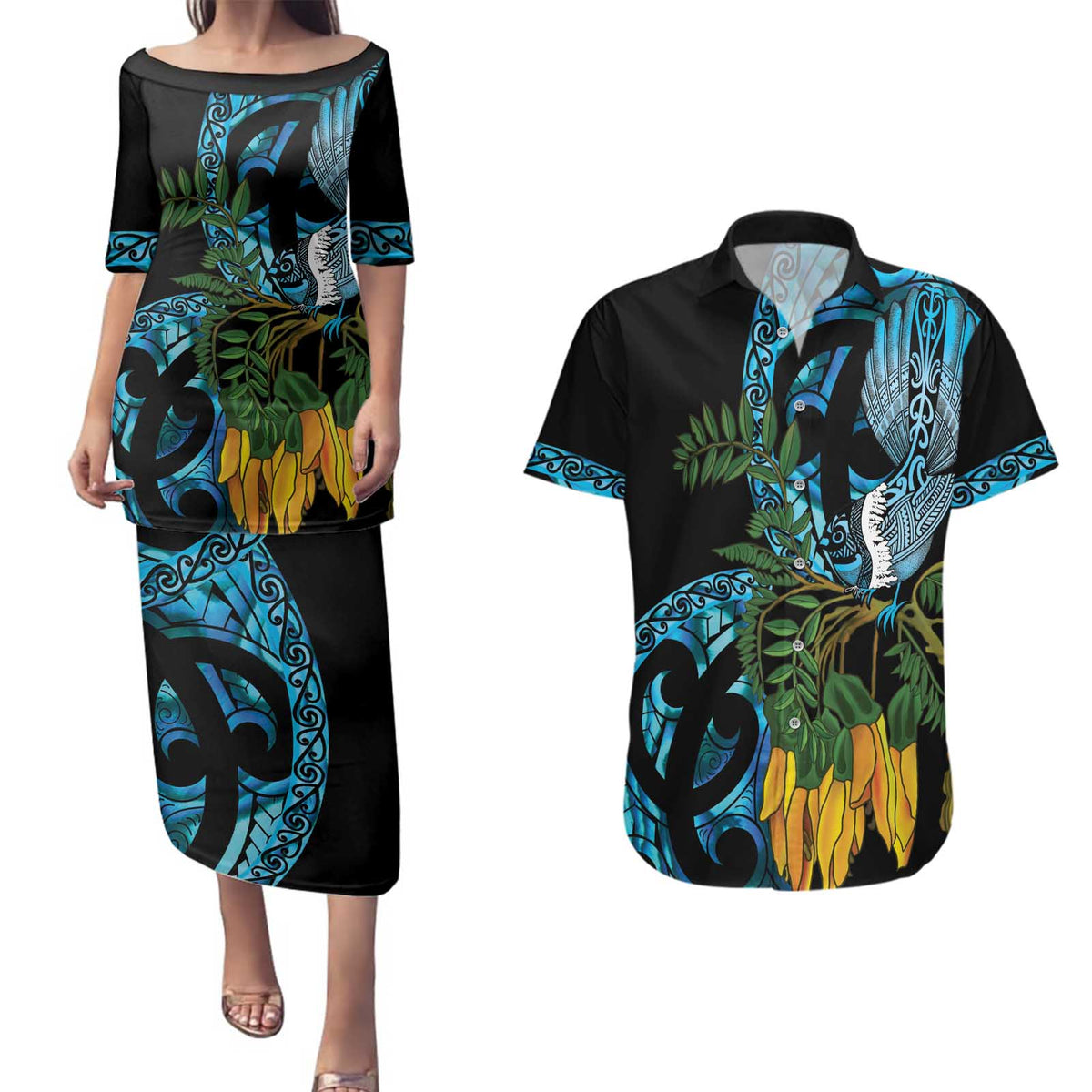 Turquoise New Zealand Kowhai And Piwakawaka Couples Matching Puletasi and Hawaiian Shirt Maori Ngaru Paua Shell LT14 Turquoise - Polynesian Pride