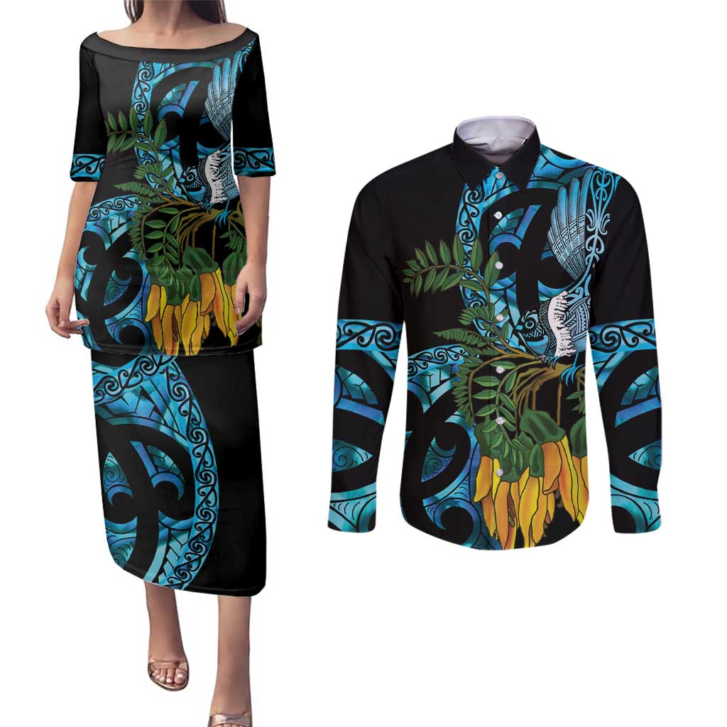 Turquoise New Zealand Kowhai And Piwakawaka Couples Matching Puletasi and Long Sleeve Button Shirt Maori Ngaru Paua Shell LT14 Turquoise - Polynesian Pride