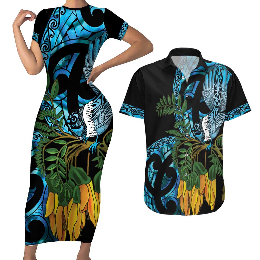 Turquoise New Zealand Kowhai And Piwakawaka Couples Matching Short Sleeve Bodycon Dress and Hawaiian Shirt Maori Ngaru Paua Shell LT14 Turquoise - Polynesian Pride