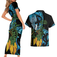 Turquoise New Zealand Kowhai And Piwakawaka Couples Matching Short Sleeve Bodycon Dress and Hawaiian Shirt Maori Ngaru Paua Shell LT14 - Polynesian Pride