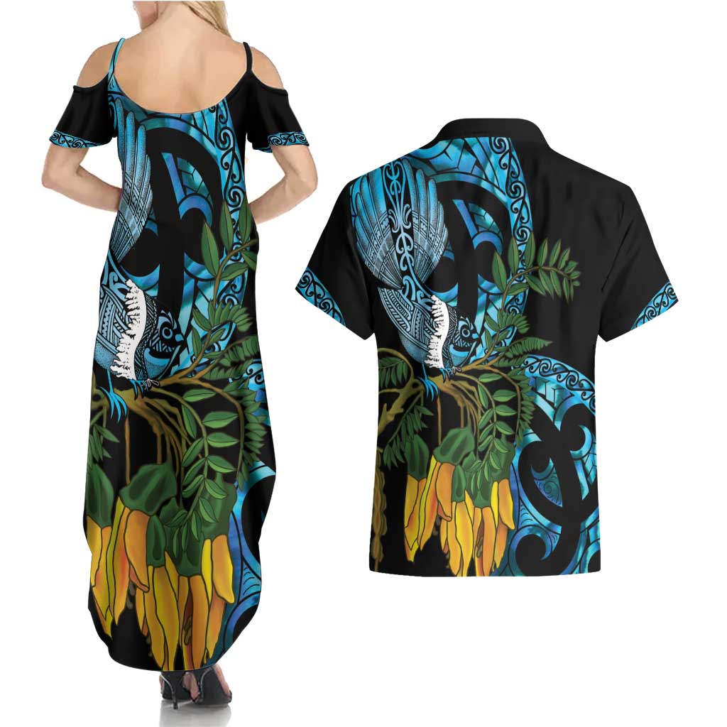 Turquoise New Zealand Kowhai And Piwakawaka Couples Matching Summer Maxi Dress and Hawaiian Shirt Maori Ngaru Paua Shell LT14 - Polynesian Pride