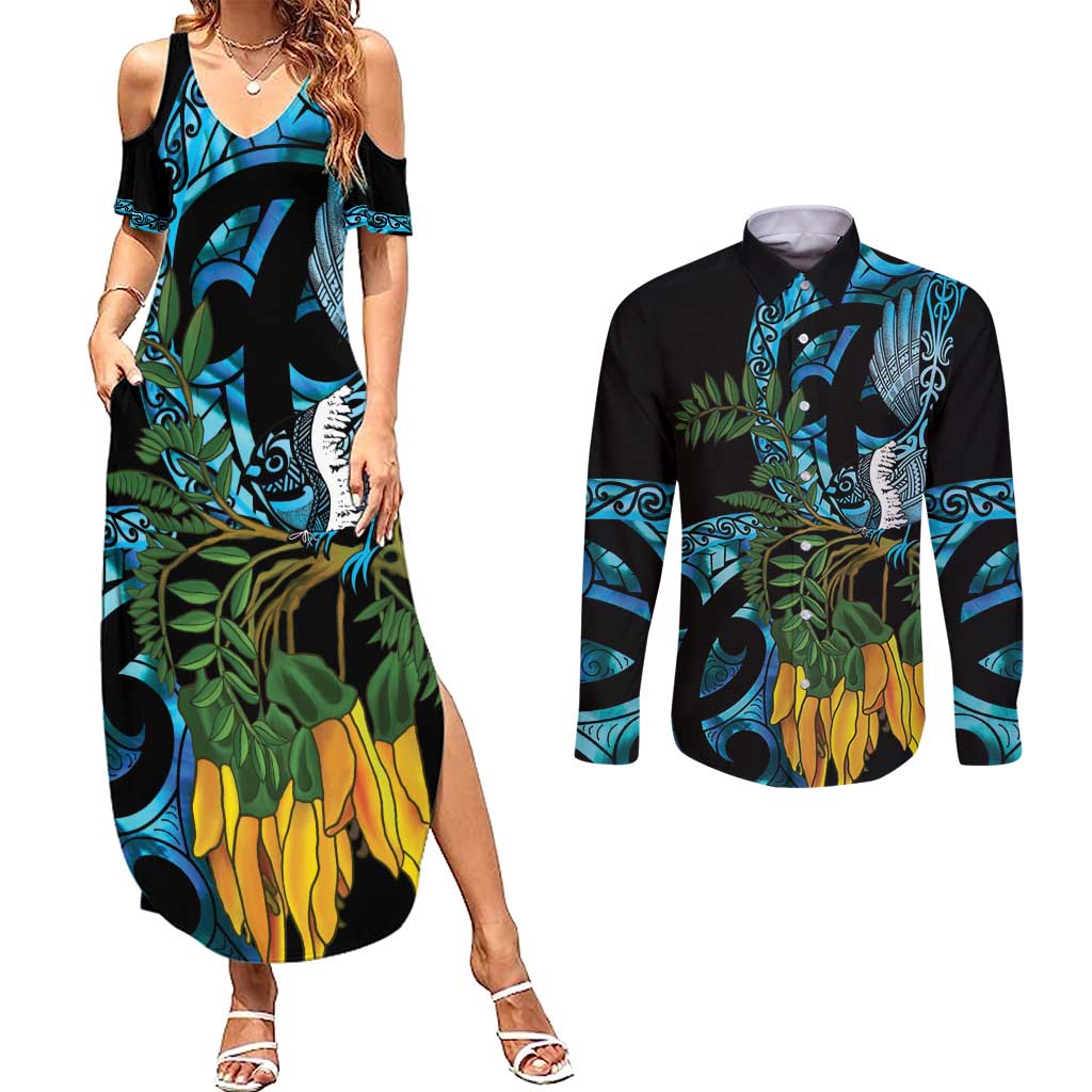Turquoise New Zealand Kowhai And Piwakawaka Couples Matching Summer Maxi Dress and Long Sleeve Button Shirt Maori Ngaru Paua Shell LT14 Turquoise - Polynesian Pride