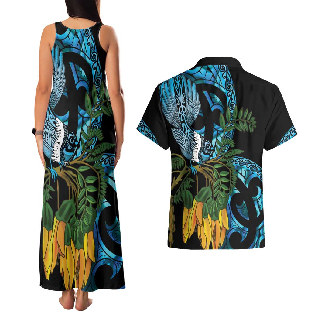 Turquoise New Zealand Kowhai And Piwakawaka Couples Matching Tank Maxi Dress and Hawaiian Shirt Maori Ngaru Paua Shell LT14 - Polynesian Pride