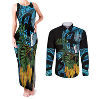 Turquoise New Zealand Kowhai And Piwakawaka Couples Matching Tank Maxi Dress and Long Sleeve Button Shirt Maori Ngaru Paua Shell LT14 Turquoise - Polynesian Pride