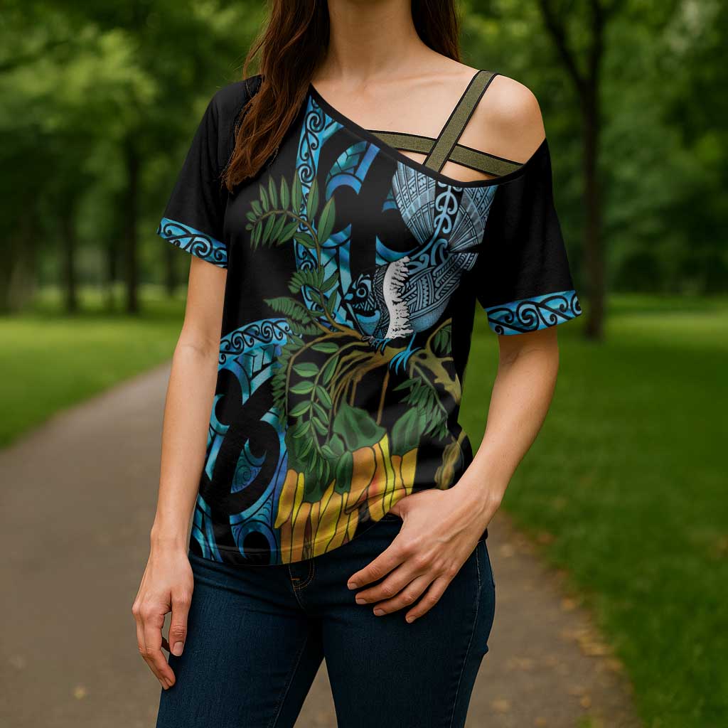 Turquoise New Zealand Kowhai And Piwakawaka Cross Shoulder Shirt Maori Ngaru Paua Shell LT14 - Polynesian Pride