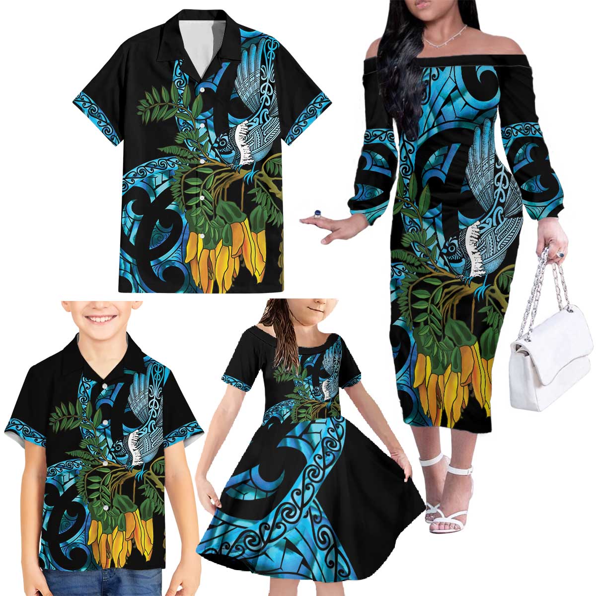 Turquoise New Zealand Kowhai And Piwakawaka Family Matching Off The Shoulder Long Sleeve Dress and Hawaiian Shirt Maori Ngaru Paua Shell LT14 - Polynesian Pride