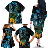 Turquoise New Zealand Kowhai And Piwakawaka Family Matching Off The Shoulder Long Sleeve Dress and Hawaiian Shirt Maori Ngaru Paua Shell LT14 - Polynesian Pride