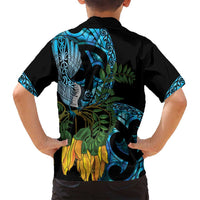 Turquoise New Zealand Kowhai And Piwakawaka Family Matching Off Shoulder Maxi Dress and Hawaiian Shirt Maori Ngaru Paua Shell LT14 - Polynesian Pride