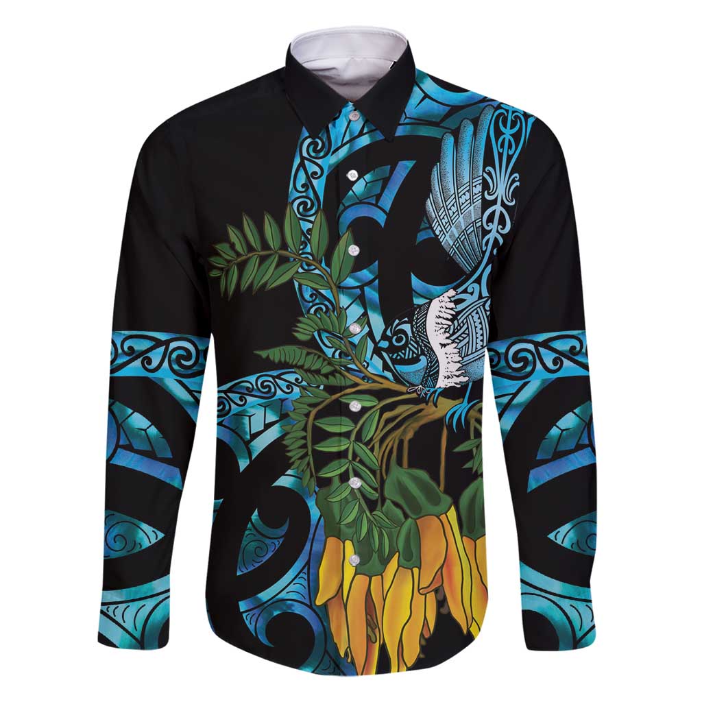 Turquoise New Zealand Kowhai And Piwakawaka Family Matching Off Shoulder Maxi Dress and Hawaiian Shirt Maori Ngaru Paua Shell LT14 Dad's Shirt - Long Sleeve Turquoise - Polynesian Pride