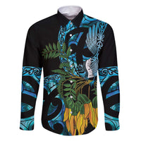 Turquoise New Zealand Kowhai And Piwakawaka Family Matching Off Shoulder Maxi Dress and Hawaiian Shirt Maori Ngaru Paua Shell LT14 Dad's Shirt - Long Sleeve Turquoise - Polynesian Pride