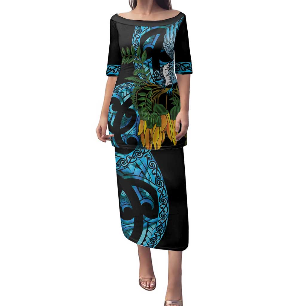 Turquoise New Zealand Kowhai And Piwakawaka Family Matching Puletasi and Hawaiian Shirt Maori Ngaru Paua Shell LT14 Mom's Dress Turquoise - Polynesian Pride