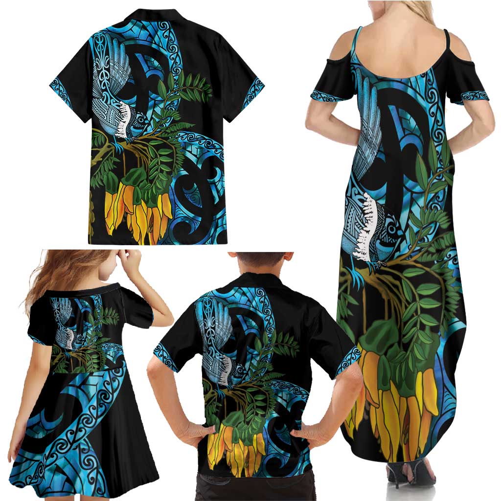 Turquoise New Zealand Kowhai And Piwakawaka Family Matching Summer Maxi Dress and Hawaiian Shirt Maori Ngaru Paua Shell LT14 - Polynesian Pride