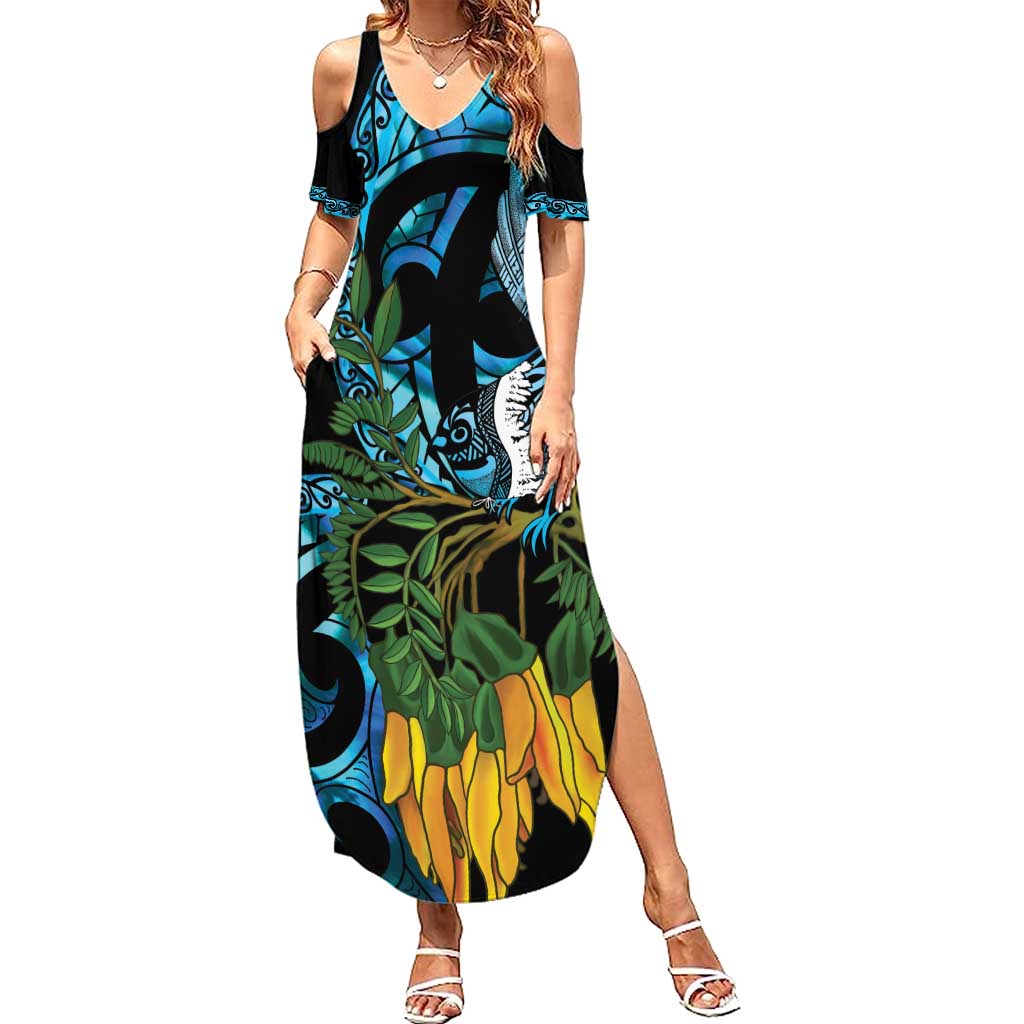 Turquoise New Zealand Kowhai And Piwakawaka Family Matching Summer Maxi Dress and Hawaiian Shirt Maori Ngaru Paua Shell LT14 Mom's Dress Turquoise - Polynesian Pride