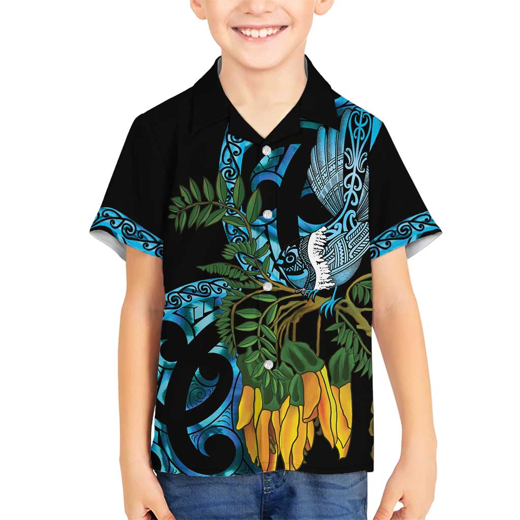 Turquoise New Zealand Kowhai And Piwakawaka Family Matching Tank Maxi Dress and Hawaiian Shirt Maori Ngaru Paua Shell LT14 Son's Shirt Turquoise - Polynesian Pride