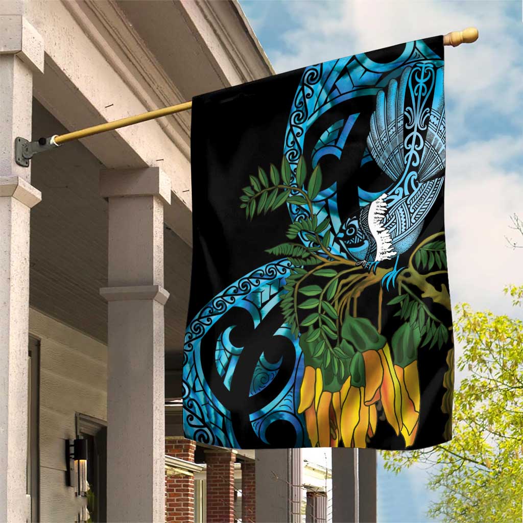 Turquoise New Zealand Kowhai And Piwakawaka Garden Flag Maori Ngaru Paua Shell LT14 House Flag Turquoise - Polynesian Pride