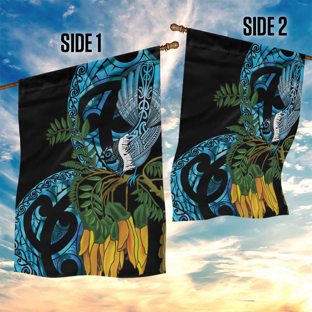 Turquoise New Zealand Kowhai And Piwakawaka Garden Flag Maori Ngaru Paua Shell LT14 - Polynesian Pride