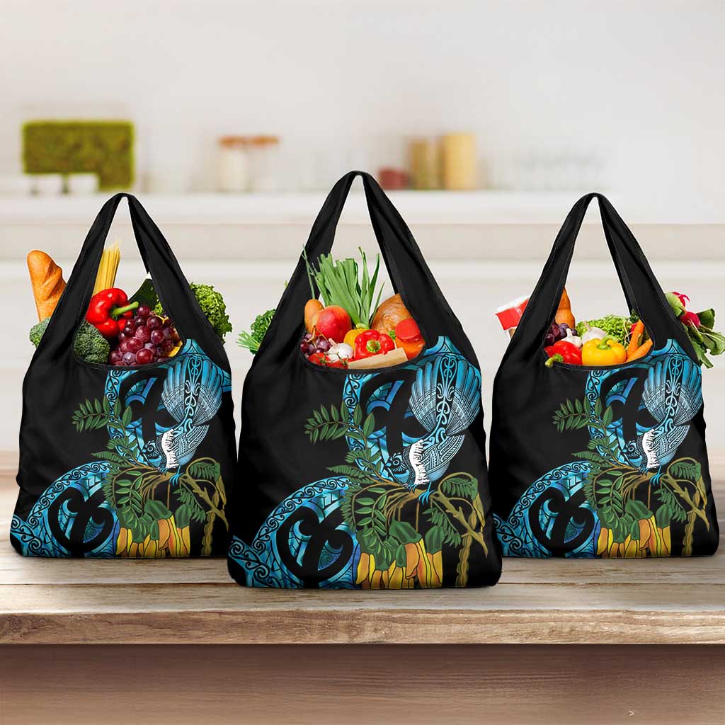 Turquoise New Zealand Kowhai And Piwakawaka Grocery Bag Maori Ngaru Paua Shell LT14 3-pack One Size Turquoise - Polynesian Pride