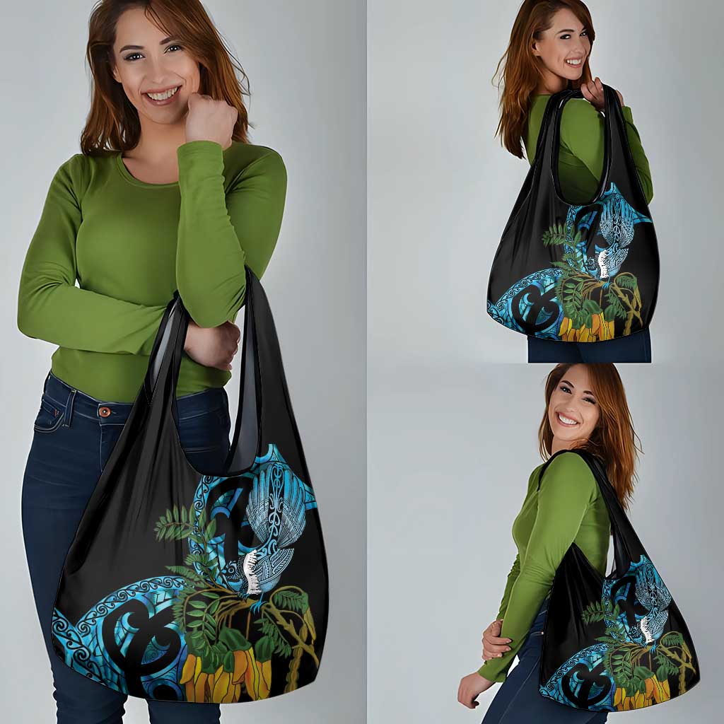Turquoise New Zealand Kowhai And Piwakawaka Grocery Bag Maori Ngaru Paua Shell LT14 - Polynesian Pride