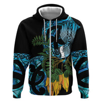 Turquoise New Zealand Kowhai And Piwakawaka Hoodie Maori Ngaru Paua Shell LT14 Zip Hoodie Turquoise - Polynesian Pride