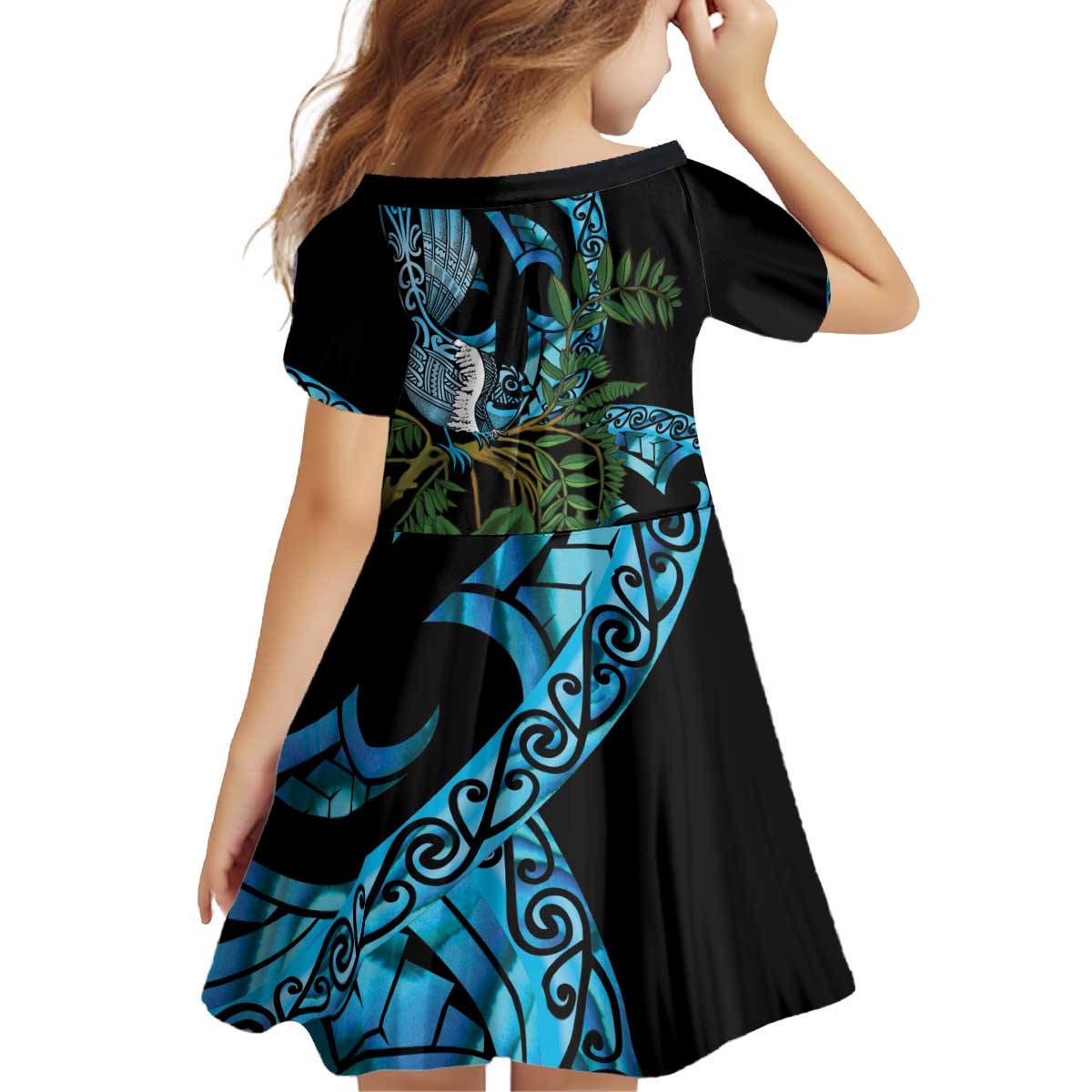 Turquoise New Zealand Kowhai And Piwakawaka Kid Short Sleeve Dress Maori Ngaru Paua Shell LT14 - Polynesian Pride