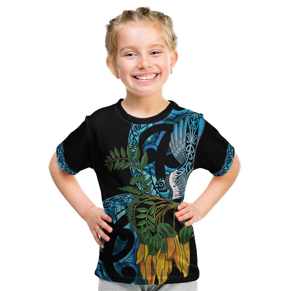 Turquoise New Zealand Kowhai And Piwakawaka Kid T Shirt Maori Ngaru Paua Shell LT14 Turquoise - Polynesian Pride