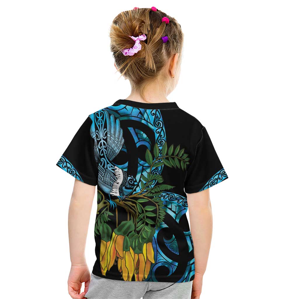 Turquoise New Zealand Kowhai And Piwakawaka Kid T Shirt Maori Ngaru Paua Shell LT14 - Polynesian Pride