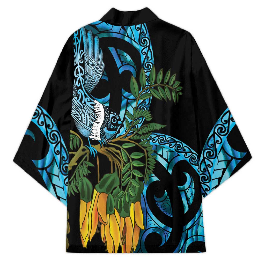 Turquoise New Zealand Kowhai And Piwakawaka Kimono Maori Ngaru Paua Shell LT14 - Polynesian Pride