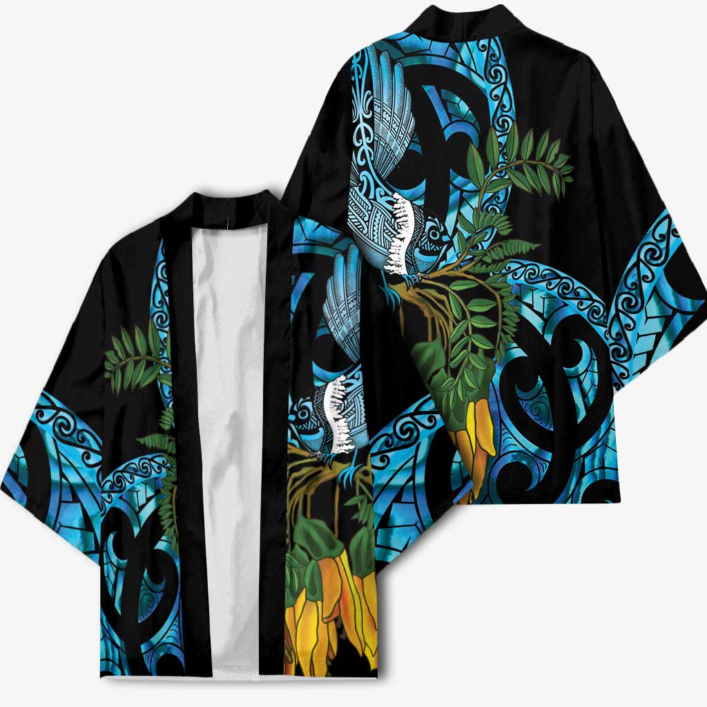 Turquoise New Zealand Kowhai And Piwakawaka Kimono Maori Ngaru Paua Shell LT14 - Polynesian Pride