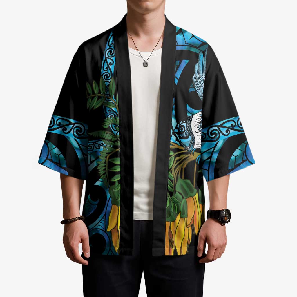 Turquoise New Zealand Kowhai And Piwakawaka Kimono Maori Ngaru Paua Shell LT14 - Polynesian Pride