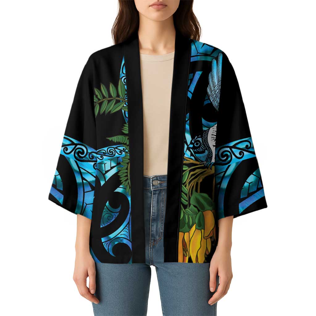 Turquoise New Zealand Kowhai And Piwakawaka Kimono Maori Ngaru Paua Shell LT14 - Polynesian Pride