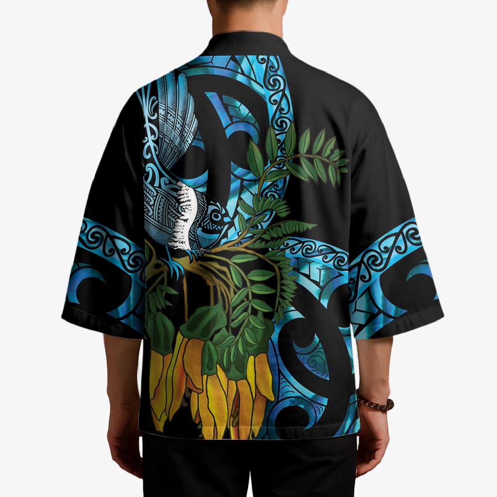 Turquoise New Zealand Kowhai And Piwakawaka Kimono Maori Ngaru Paua Shell LT14 - Polynesian Pride