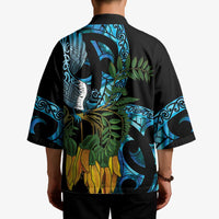 Turquoise New Zealand Kowhai And Piwakawaka Kimono Maori Ngaru Paua Shell LT14 - Polynesian Pride