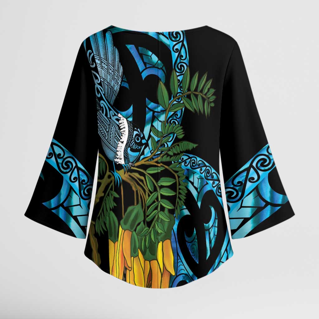 Turquoise New Zealand Kowhai And Piwakawaka Kimono Sleeve Blouse Maori Ngaru Paua Shell LT14 - Polynesian Pride