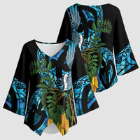 Turquoise New Zealand Kowhai And Piwakawaka Kimono Sleeve Blouse Maori Ngaru Paua Shell LT14 - Polynesian Pride