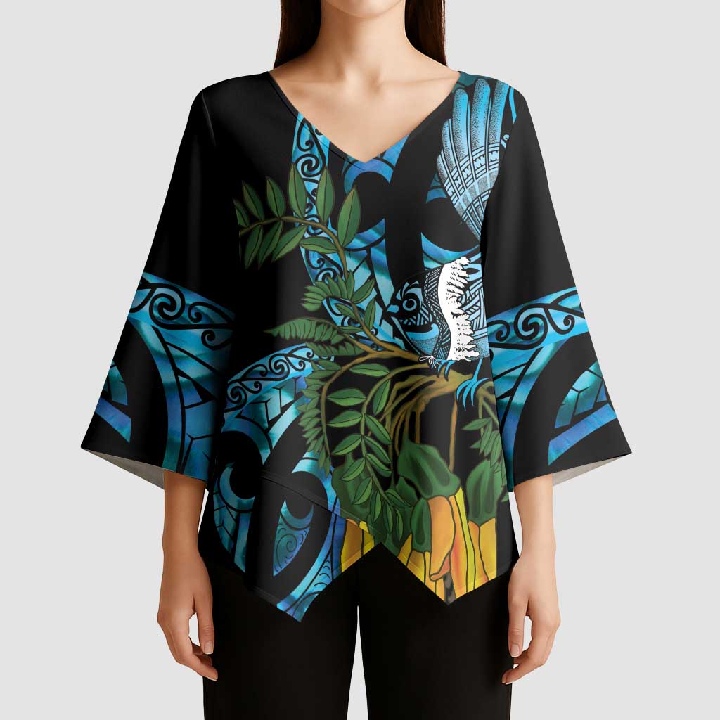 Turquoise New Zealand Kowhai And Piwakawaka Kimono Sleeve Blouse Maori Ngaru Paua Shell LT14 - Polynesian Pride
