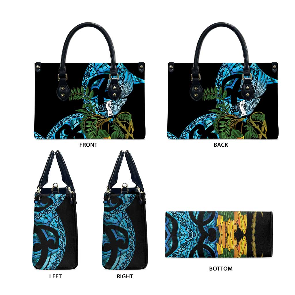 Turquoise New Zealand Kowhai And Piwakawaka Leather Bag Maori Ngaru Paua Shell LT14 - Polynesian Pride