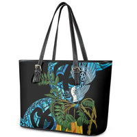 Turquoise New Zealand Kowhai And Piwakawaka Leather Tote Bag Maori Ngaru Paua Shell LT14 - Polynesian Pride