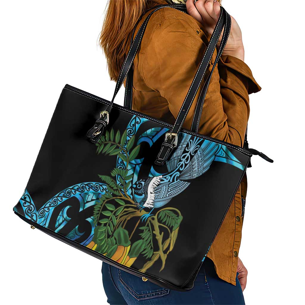 Turquoise New Zealand Kowhai And Piwakawaka Leather Tote Bag Maori Ngaru Paua Shell LT14 - Polynesian Pride