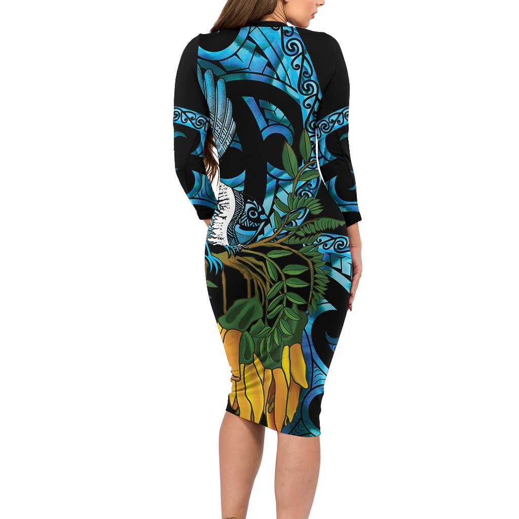 Turquoise New Zealand Kowhai And Piwakawaka Long Sleeve Bodycon Dress Maori Ngaru Paua Shell LT14 - Polynesian Pride