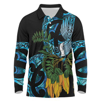 Turquoise New Zealand Kowhai And Piwakawaka Long Sleeve Polo Shirt Maori Ngaru Paua Shell LT14 Turquoise - Polynesian Pride